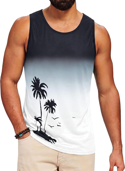 Runcati Mens Graphic Tank Tops Sleeveless Palm Tree Shirts Beach Top