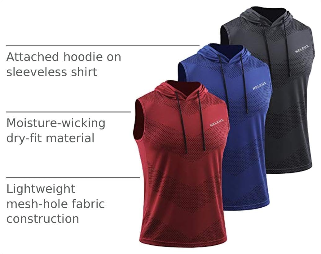 Neleus Men's Workout Tank Tops 3 Pack Sleeveless Running Shirts with Hoodie
