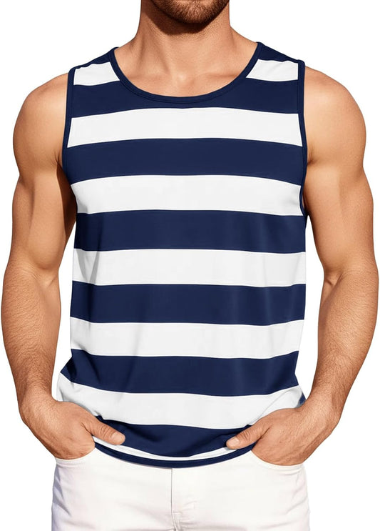 Runcati Mens Workout Tank Tops Sleeveless Striped Muscle Gym T Shirts