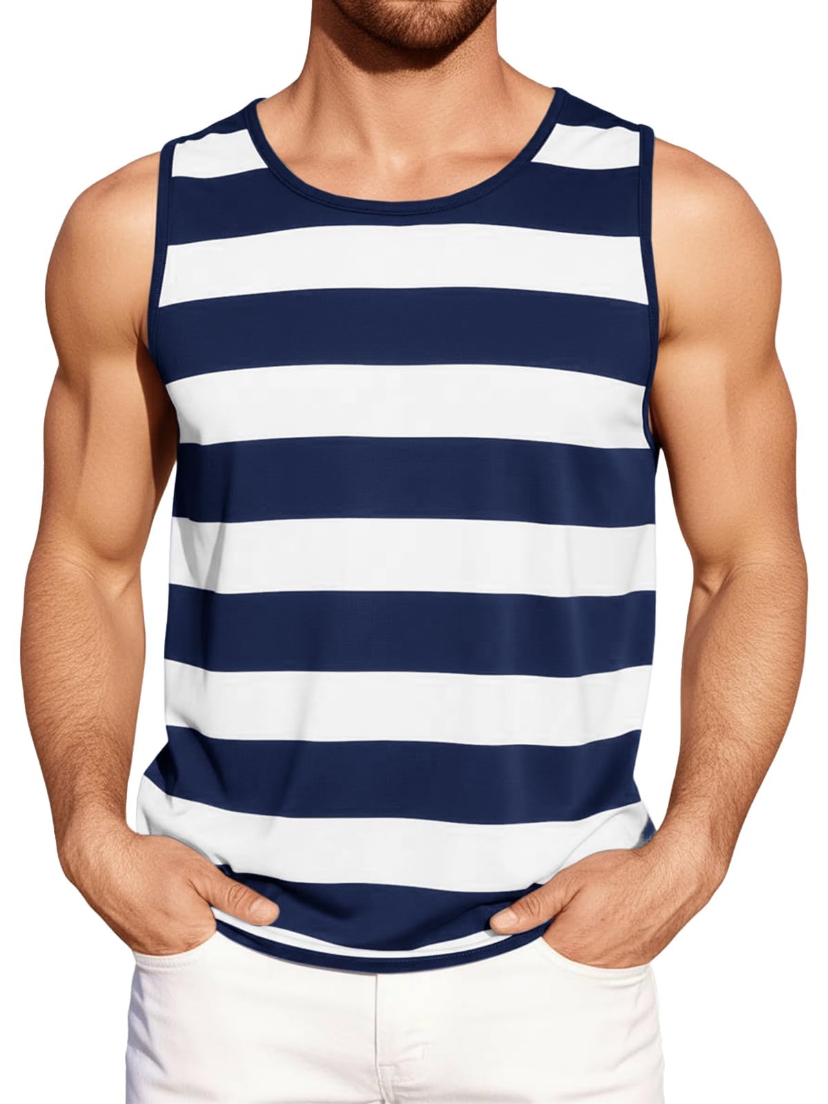 Runcati Mens Workout Tank Tops Sleeveless Striped Muscle Gym T Shirts
