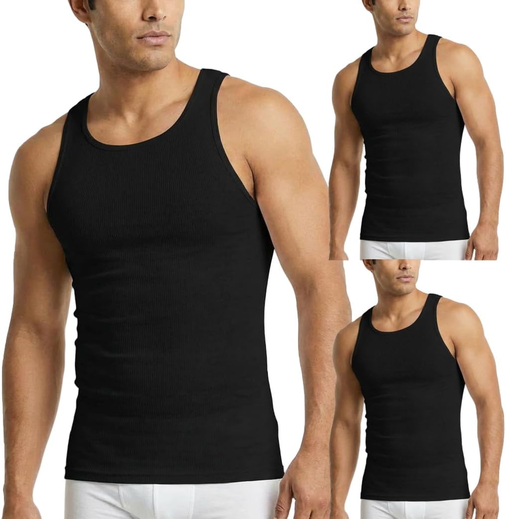Men’s 3-Pack 100% Cotton Ribbed Sleeveless A-Shirt Tank Top Undershirt