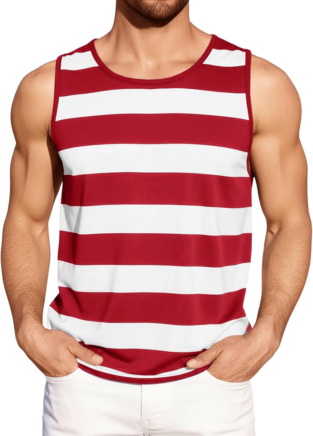 Runcati Mens Workout Tank Tops Sleeveless Striped Muscle Gym T Shirts
