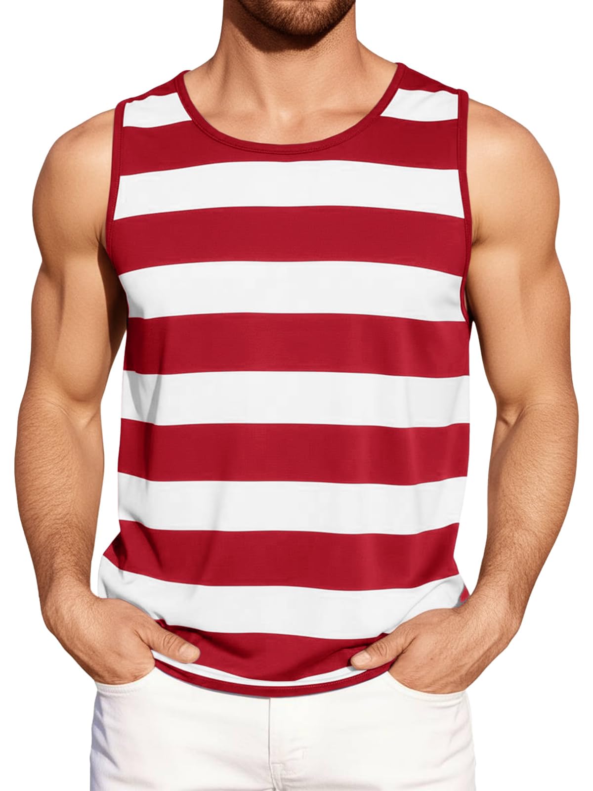 Runcati Mens Workout Tank Tops Sleeveless Striped Muscle Gym T Shirts