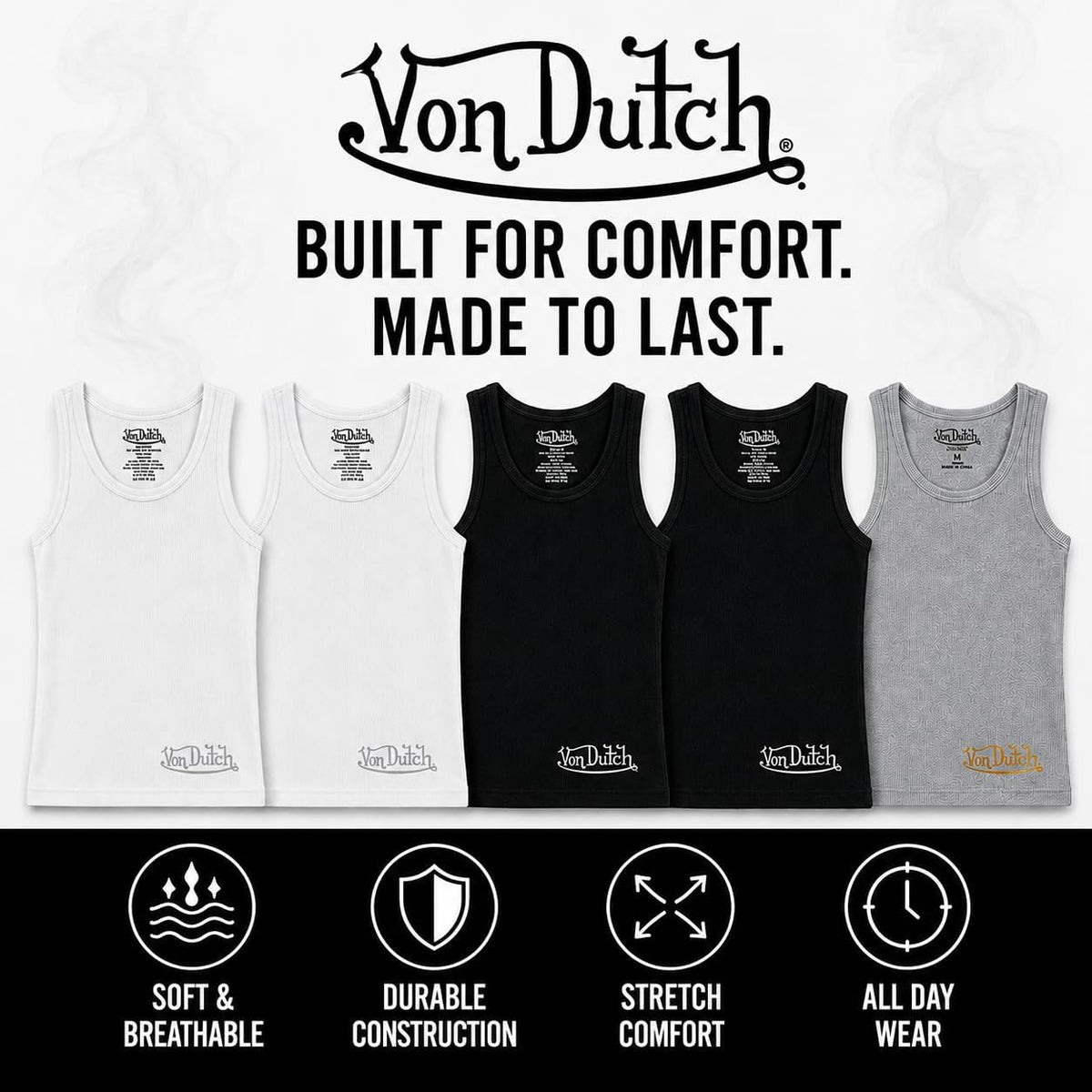 Von Dutch Mens Tank Tops 5 Pack Soft Cotton Ribbed Sleeveless Undershirts