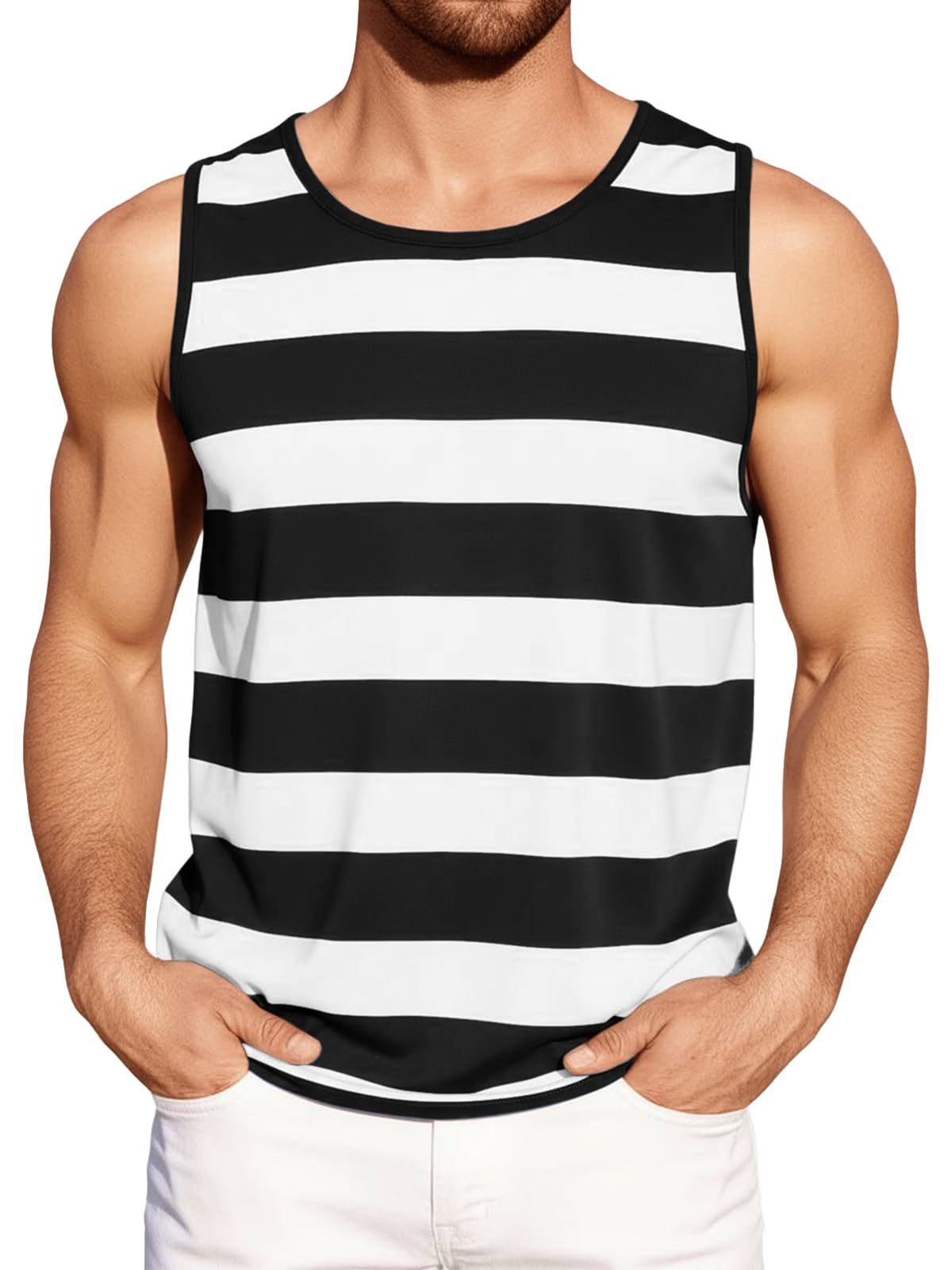 Runcati Mens Workout Tank Tops Sleeveless Striped Muscle Gym T Shirts