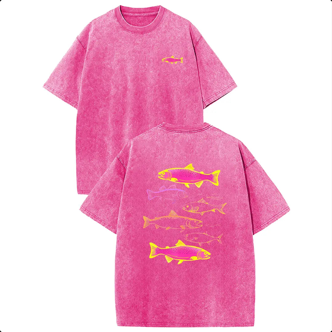 Holafish Heavyweight Cotton Crewneck Streetwear T‑Shirt, Retro Acid Wash Neon Trout Fish Dual Side Graphic Printed Unisex Fashion Tees summervibes Casual Top