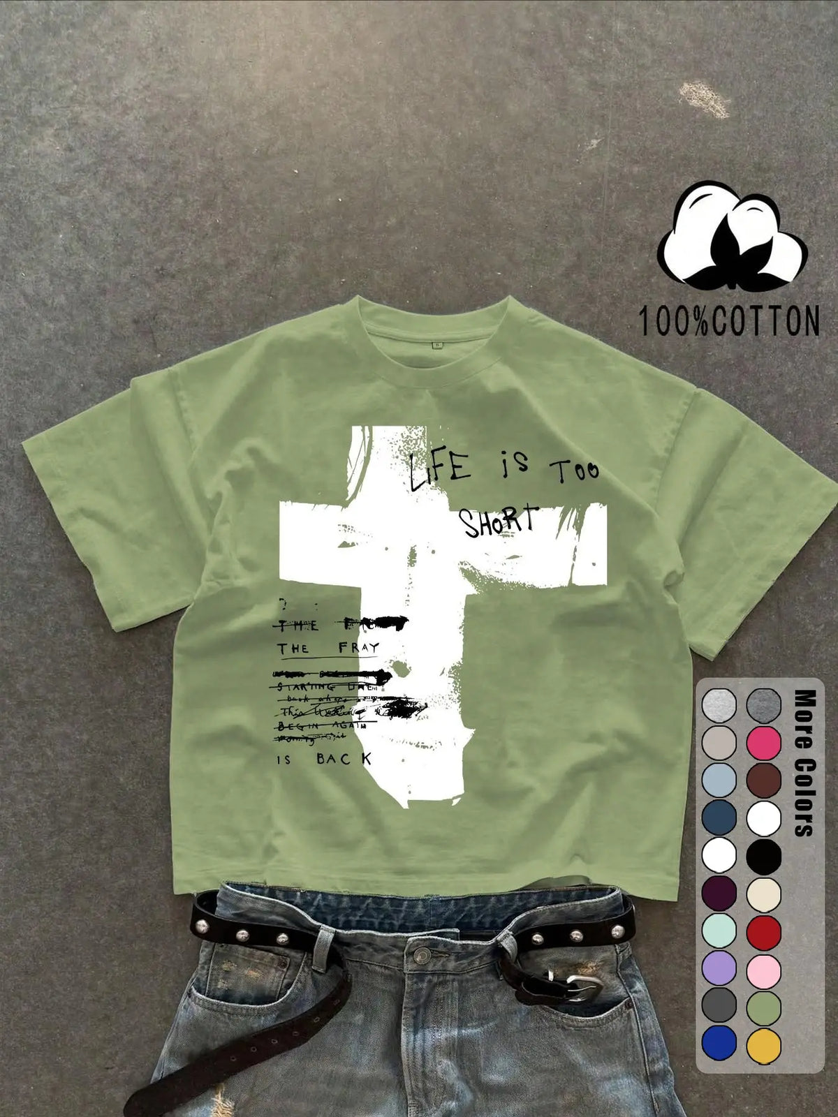 Unisex 100% Cotton Short Sleeve T-Shirt, Cross Graffiti Print, Y2K Dark Gothic Street Style, Streetwear, Casual Daily Wear, Loose-Fitting, Long Length, Aesthetic, Relaxed Fit