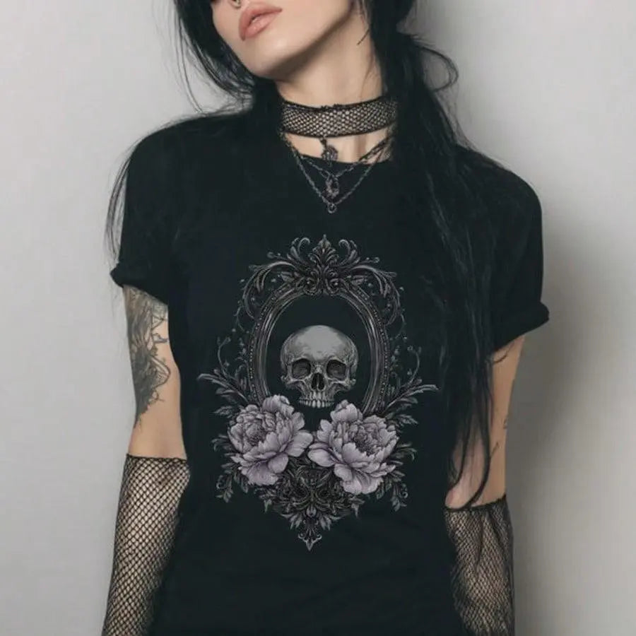 Halloween Floral Skull Gothic Graphic T-Shirt, Whimsigoth Witchy Grunge Alternative Tee, Western Print Shirt For Men Women, Gothor Daily Summer Wear