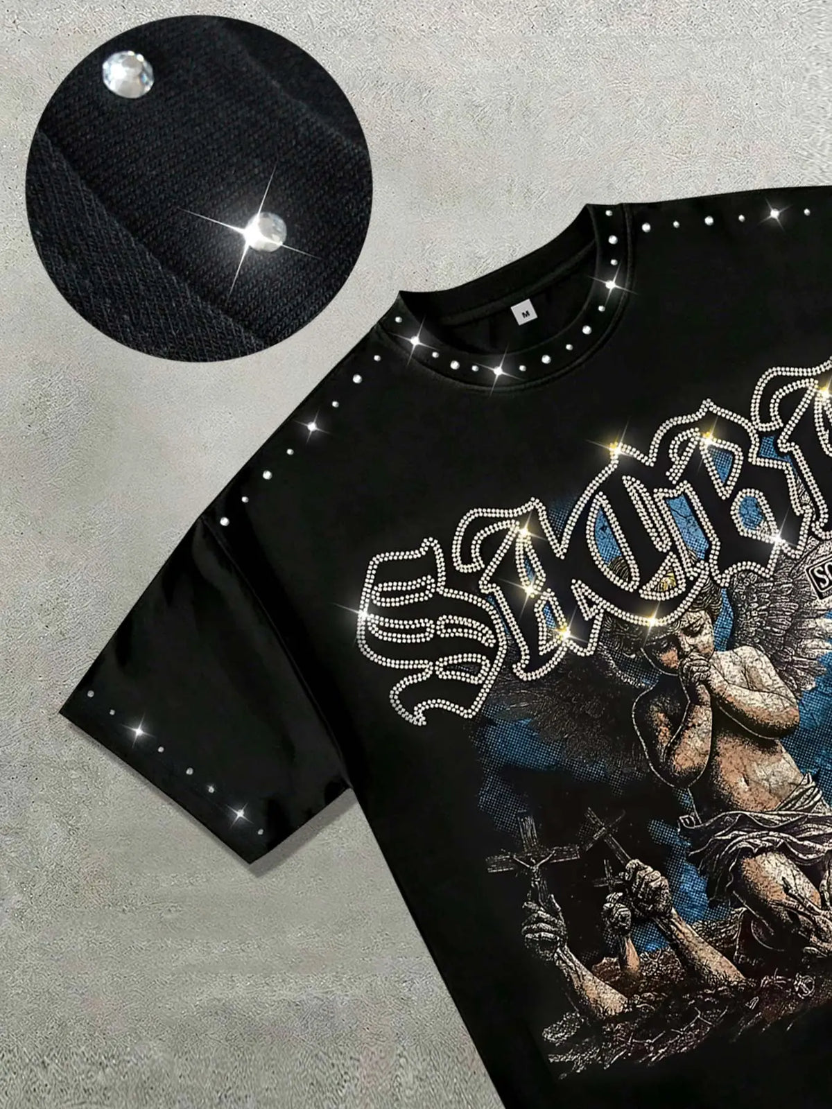 Men's Blessed Rhinestone-Collar Cotton T-Shirt, Fashion Dark Angel Graphic Print Round-Neck Top, Casual Streetwear, Vintage Retro Style Short-Sleeve Shirt, Casual Graphic Tee