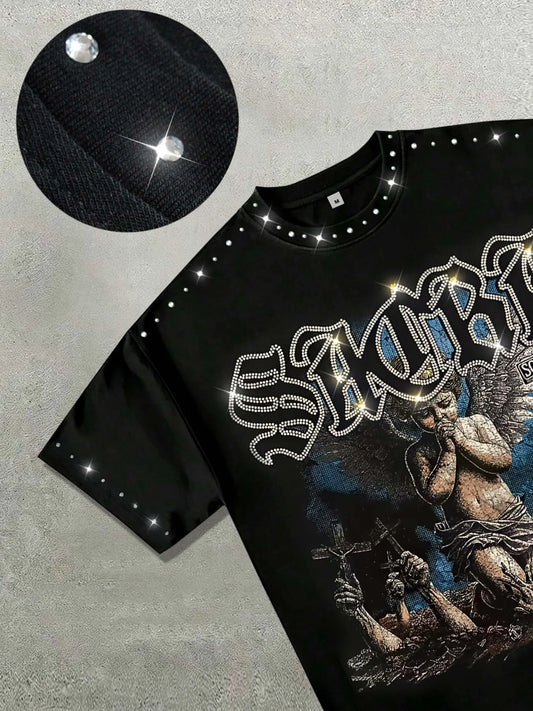 Men's Blessed Rhinestone-Collar Cotton T-Shirt, Fashion Dark Angel Graphic Print Round-Neck Top, Casual Streetwear, Vintage Retro Style Short-Sleeve Shirt, Casual Graphic Tee