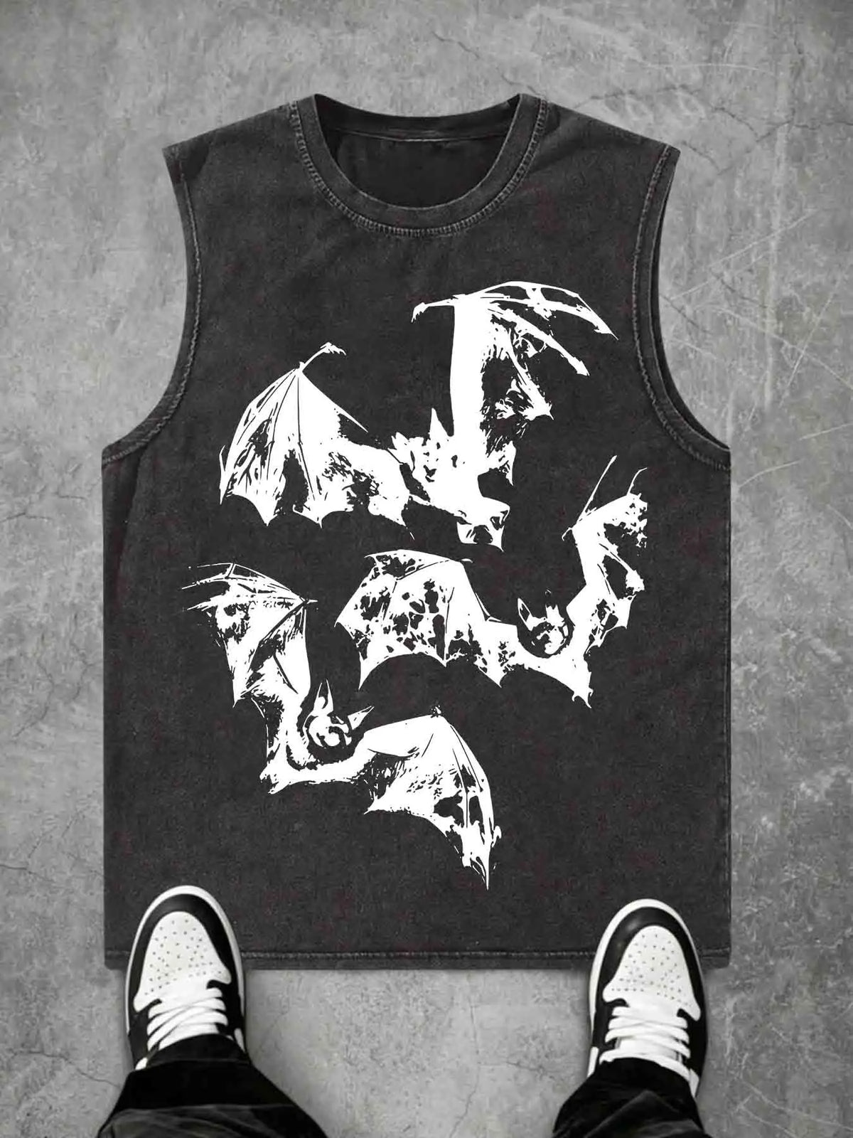 Wash-Old Bat Print Sleeveless Vest, Sleeveless Vest Tops, Gothic Punk Dark Style Halloween Street Fashion, Casual Loose-Fitting Oversized Graphic Vest