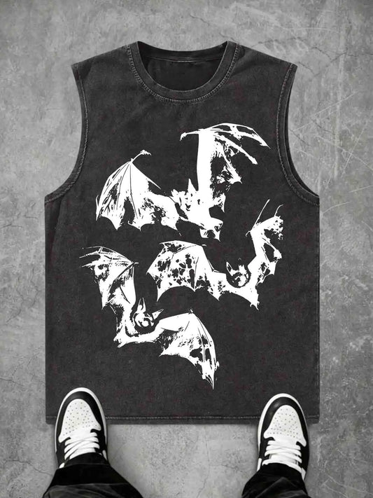 Wash-Old Bat Print Sleeveless Vest, Sleeveless Vest Tops, Gothic Punk Dark Style Halloween Street Fashion, Casual Loose-Fitting Oversized Graphic Vest