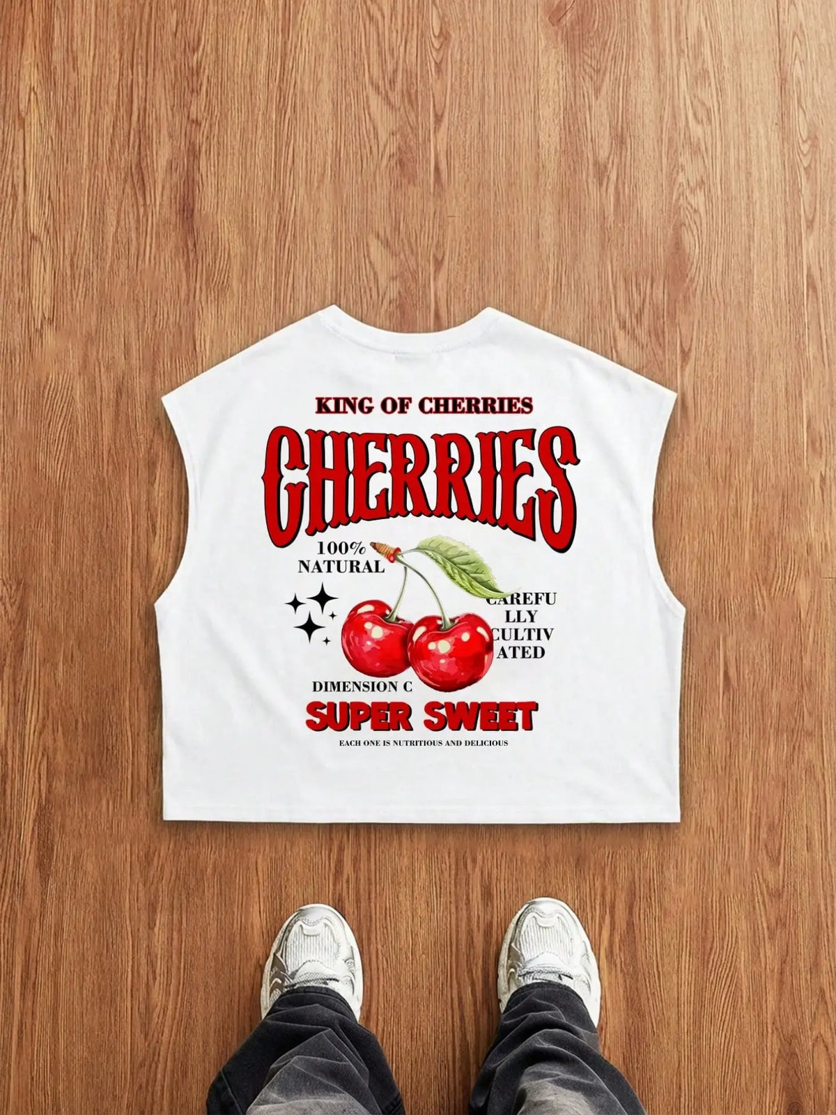 Men's Vest: An oversized, cropped, wide-shoulder silhouette featuring a simple yet casual cherry motif. Versatile enough to be worn alone or layered, making it perfect for vacation, daily wear, or commuting—a true wardrobe staple, Graphic Tops