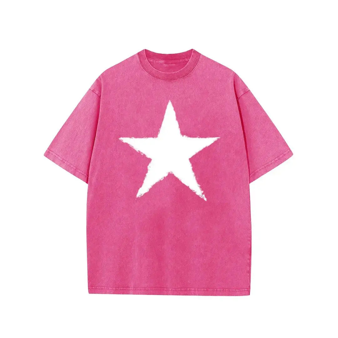 Holafish Star Graphic Acid Wash T-Shirt, Heavyweight Cotton Short Sleeve Tee, Unisex Casual Streetwear Summer Top for Men Women