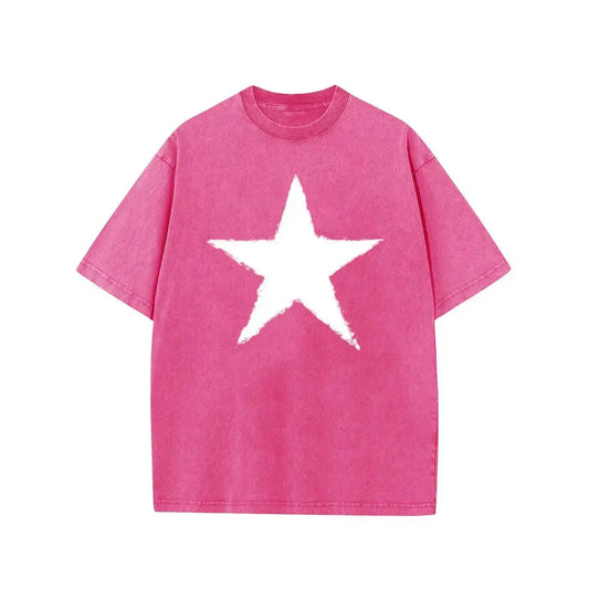 Holafish Star Graphic Acid Wash T-Shirt, Heavyweight Cotton Short Sleeve Tee, Unisex Casual Streetwear Summer Top for Men Women