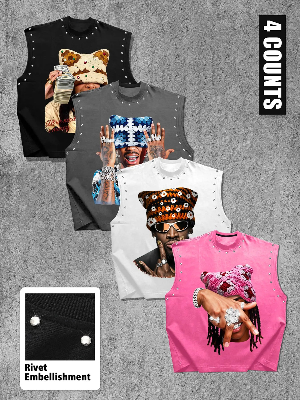 Men's Casual 4-Piece Vest Set, American Vintage Portrait Print, Graphic Print Vest, Round Neck Wide Shoulder, Comfortable Fabric, Regular Fit, Streetwear
