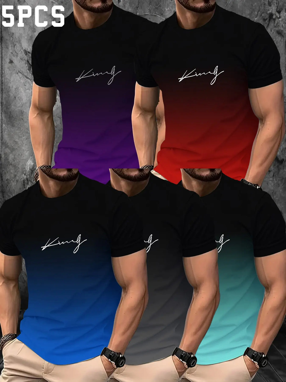 Set of 5, Striped Print Men'S Stylish Casual Short-Sleeve T-Shirts, Gradient Color Summer Round-Neck Quick-Dry Breathable Short-Sleeve T-Shirts, Casual Tee