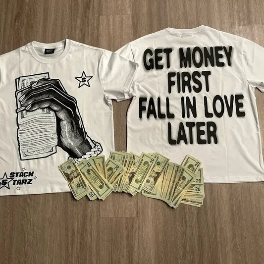 Men's Streetwear Short-Sleeve Round Neck Graphic "Get Money" Top, Casual Menswear T-Shirt