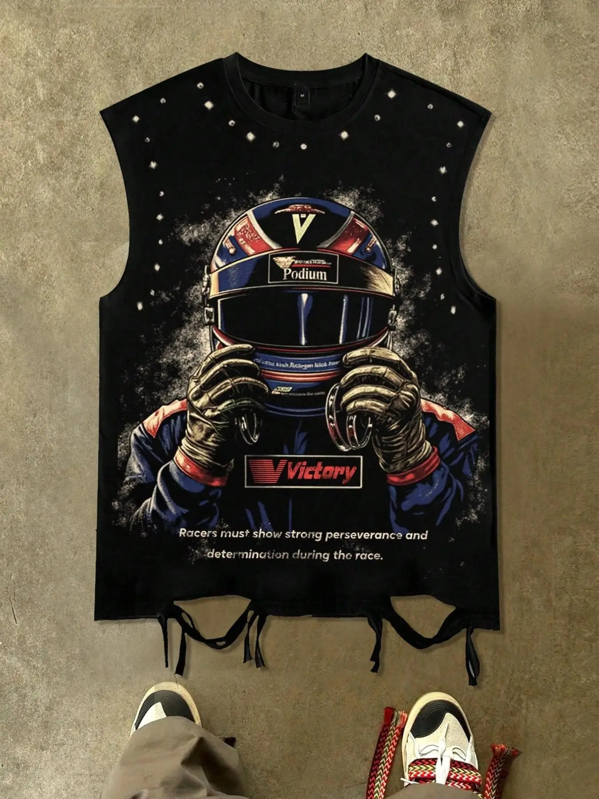 Retro racing style helmet with driver portrait print, distressed drawstring sleeveless vest, Victory slogan, Podium logo, distressed hem, men's black loose round neck casual top, unisex style, Streetwear, street style