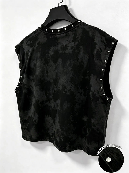 Men’s Studded Washed Vest Top, Distressed Sleeveless Tank with Pearl Detail and Dark Streetwear Style for Y2K, Grunge, Festival and Urban Outfits