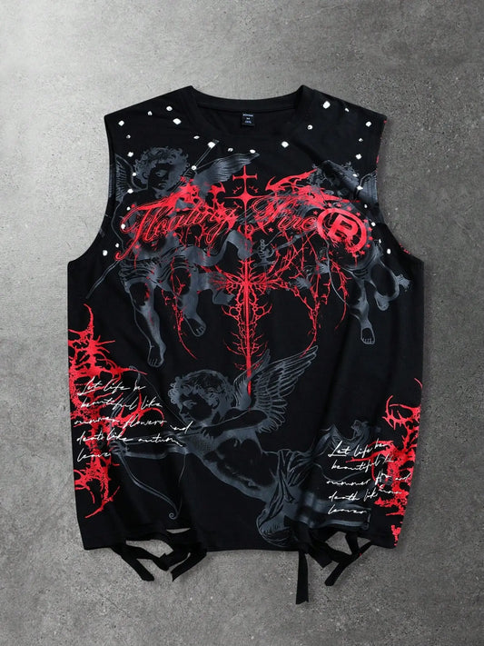 Men's Sleeveless Vest, Street Style American Dark Angel Design, Thorny Letter Print, Vintage Look, Fashionable Outerwear