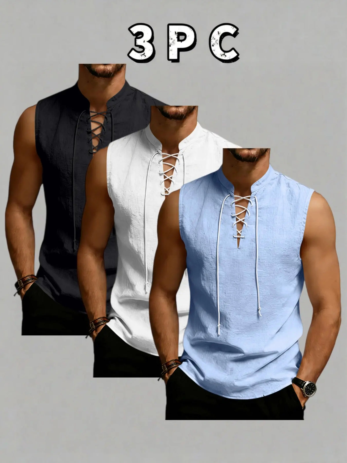 3-Pack Men's Sleeveless Tie-Back Vest, Plain Stand Collar Linen Style Jacket, Comfortable Breathable, Casual Wear for Vacation & Daily Use