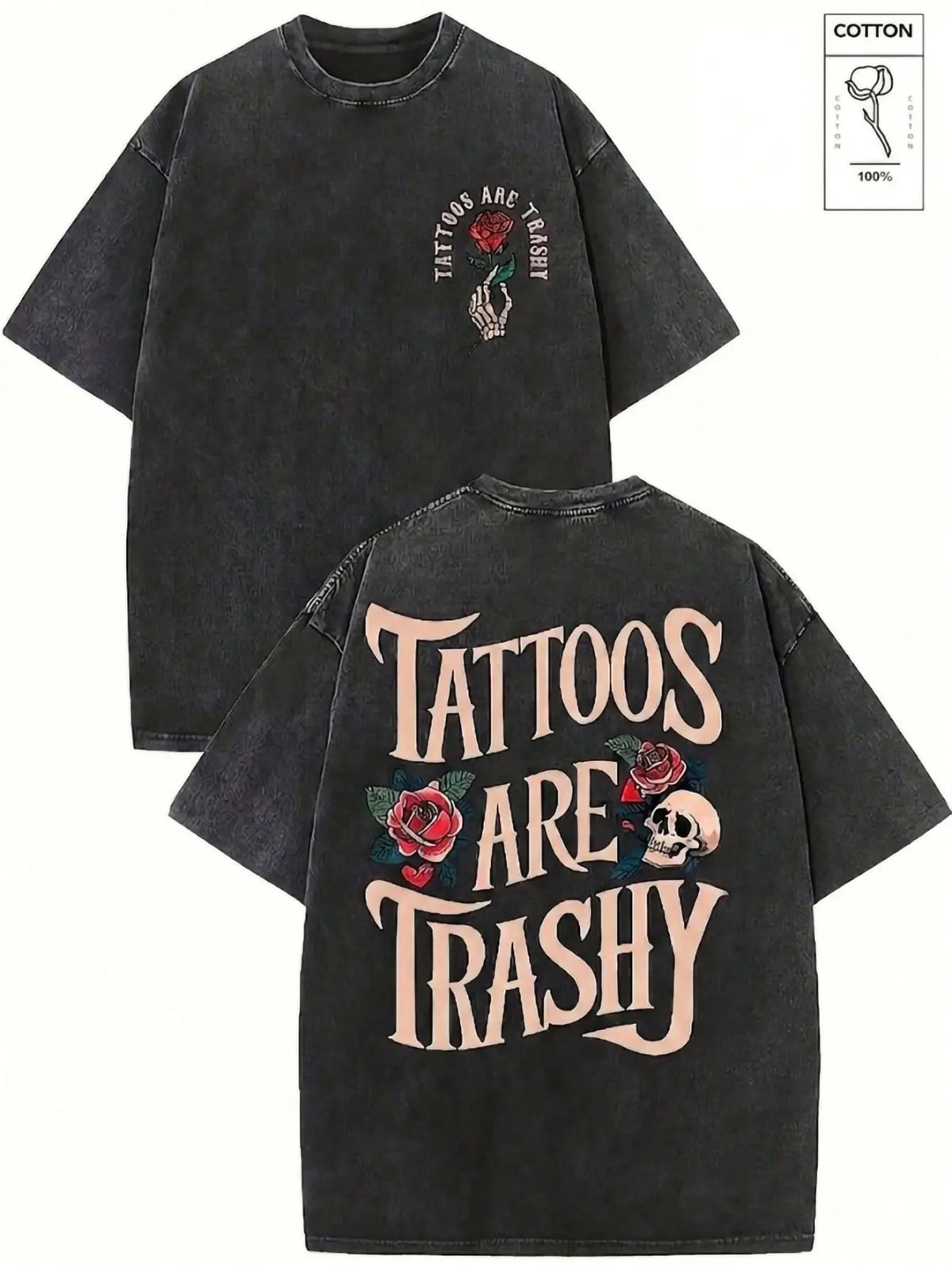 Women's Classic Short-Sleeve Oversized Washed Graphic T-Shirt, Skull Rose Print, Heavyweight Fashion Fabric Streetwear Layer, Casual Summer Top