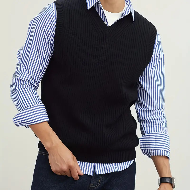 Menswear Stretch V Neck Sweater Vest Pullover Solid Color Sleeveless Preppy Style Black Collar for Fall Winter Nylon Fabric Beige Tops Casual Knit Wool