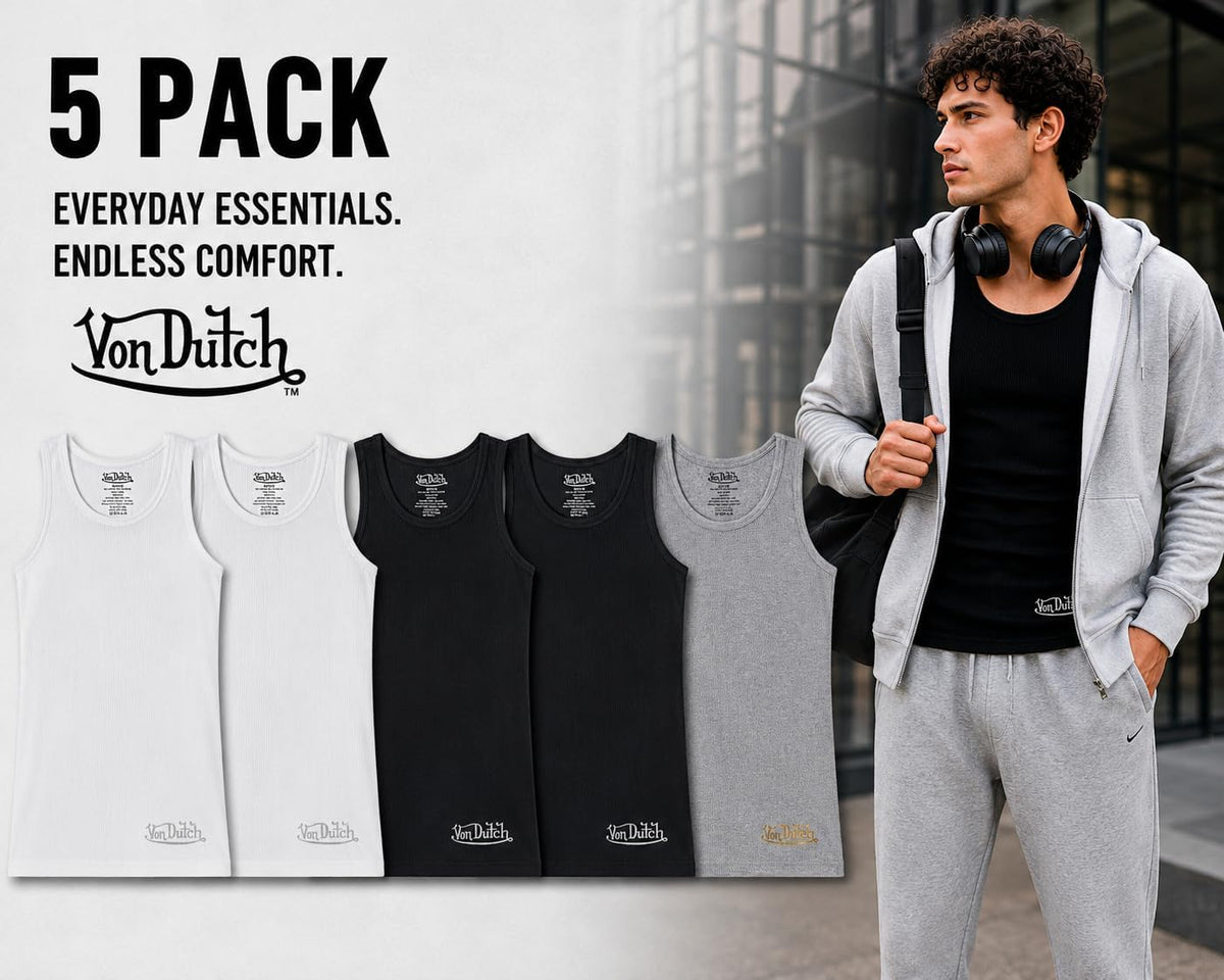 Von Dutch Mens Tank Tops 5 Pack Soft Cotton Ribbed Sleeveless Undershirts