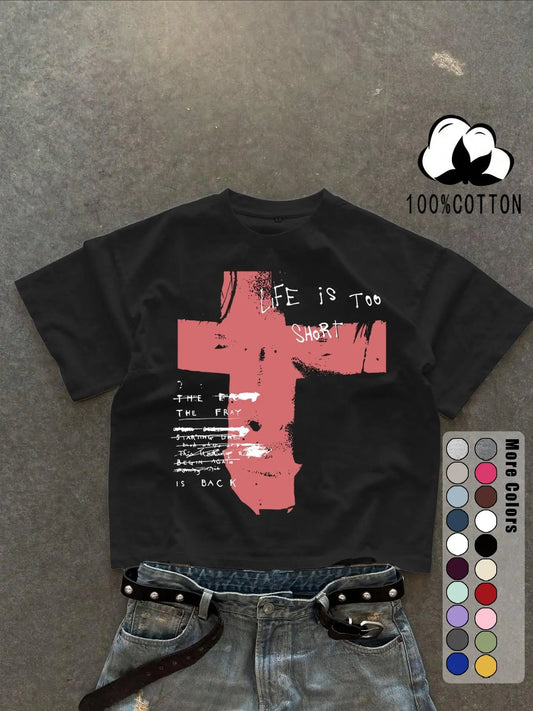 Unisex 100% Cotton Short Sleeve T-Shirt, Cross Graffiti Print, Y2K Dark Gothic Street Style, Streetwear, Casual Daily Wear, Loose-Fitting, Long Length, Aesthetic, Relaxed Fit