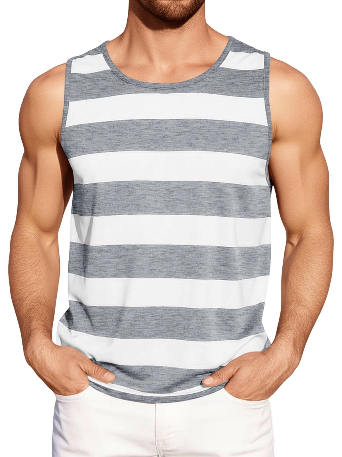 Runcati Mens Workout Tank Tops Sleeveless Striped Muscle Gym T Shirts