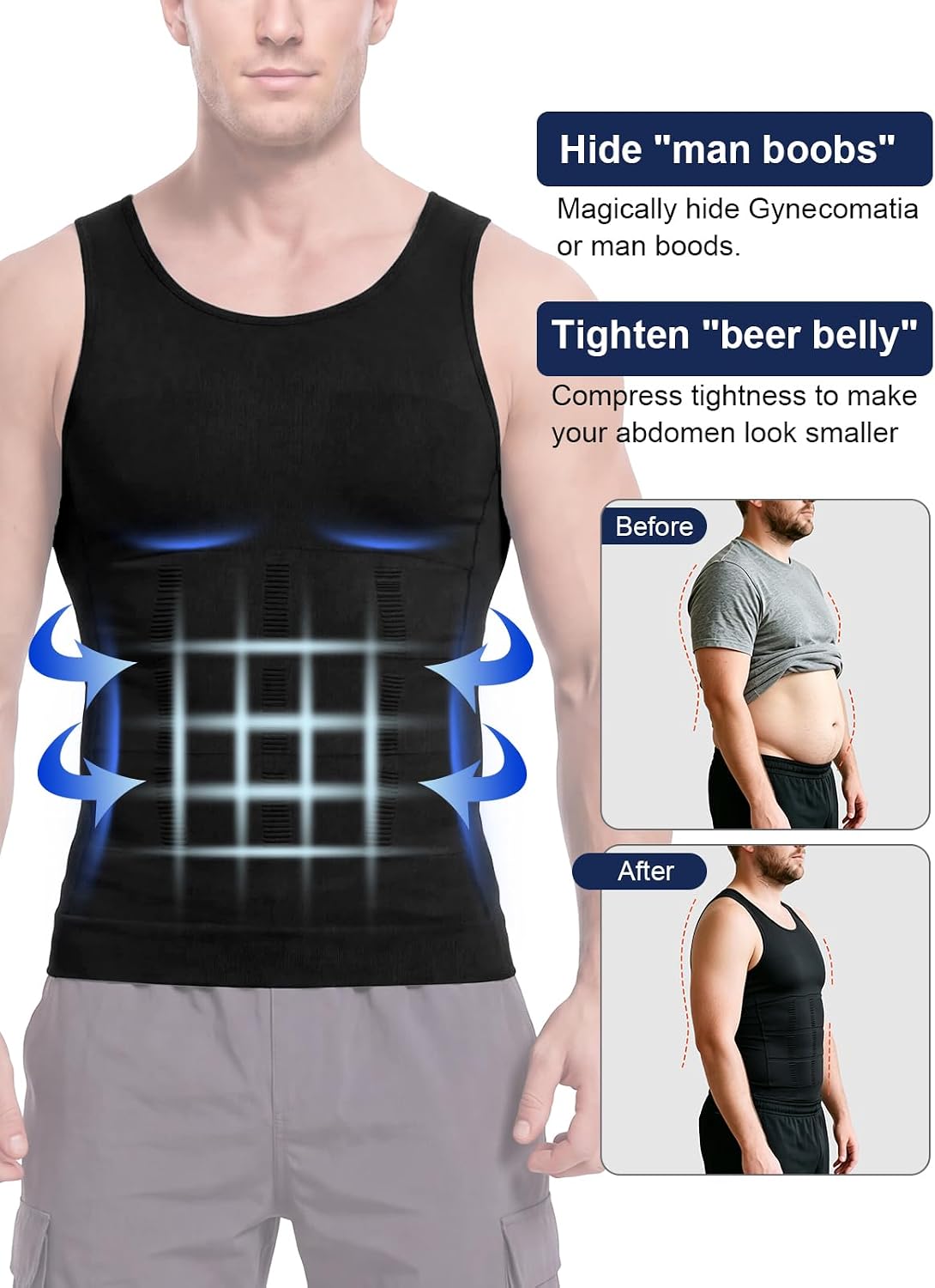 Odoland Men Compression Shirt 3 Pack Body Shaper Vest Tank Top