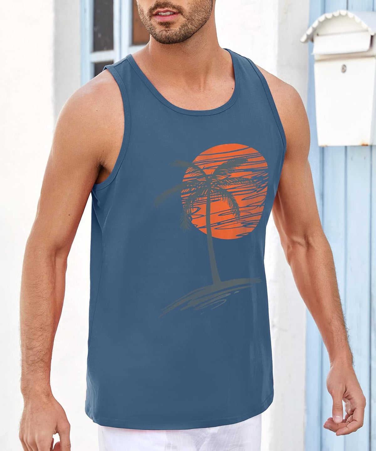 Mens Sleeveless Tank Tops Graphic Gym Shirts Palm Tree T-Shirt
