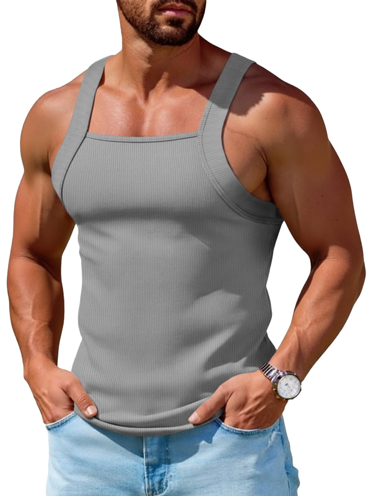 Runcati Mens Ribbed Knit Tank Tops Sleeveless Shirts Summer Gym Muscle Tees