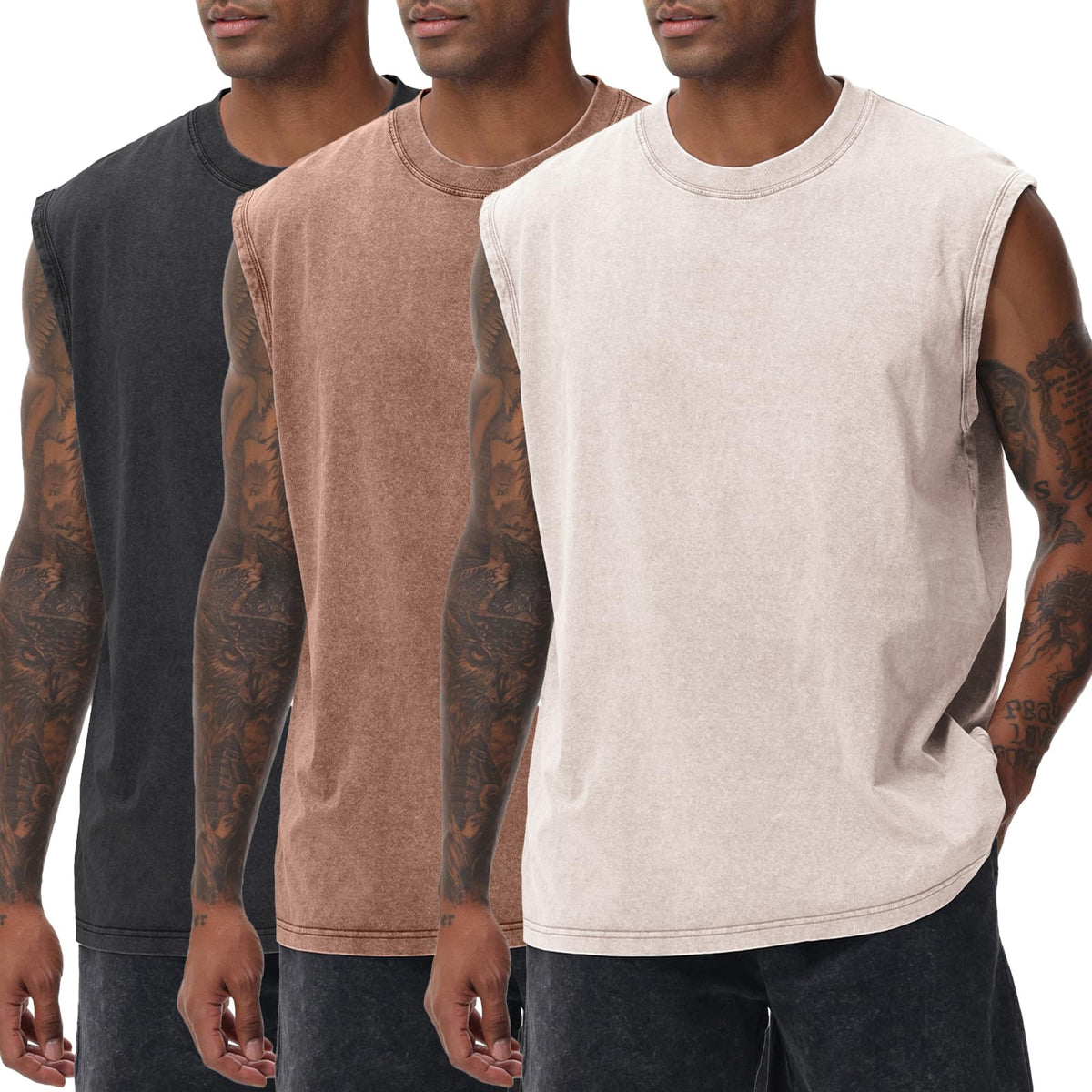 Mens Workout Tank Tops Sleeveless Tee Shirts Men Muscle Shirt Gym Acid Wash T Shirts Running Beach Loose Fit Tee