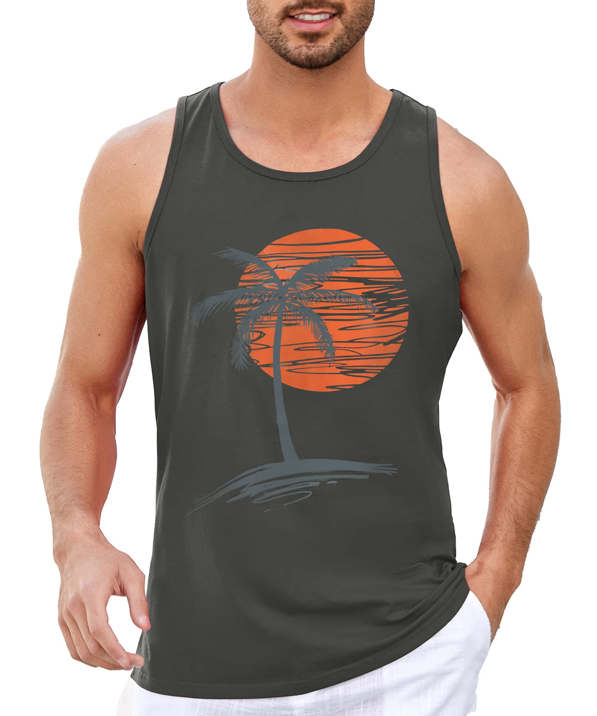 Mens Sleeveless Tank Tops Graphic Gym Shirts Palm Tree T-Shirt