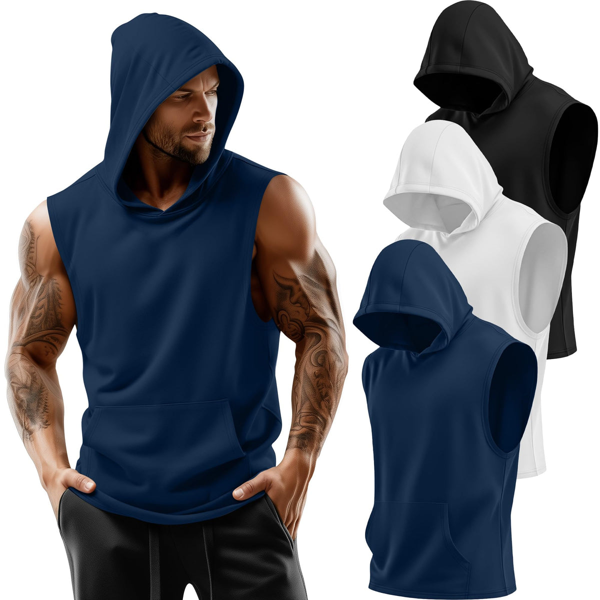 3 Pack Men's Workout Hooded Tank Tops