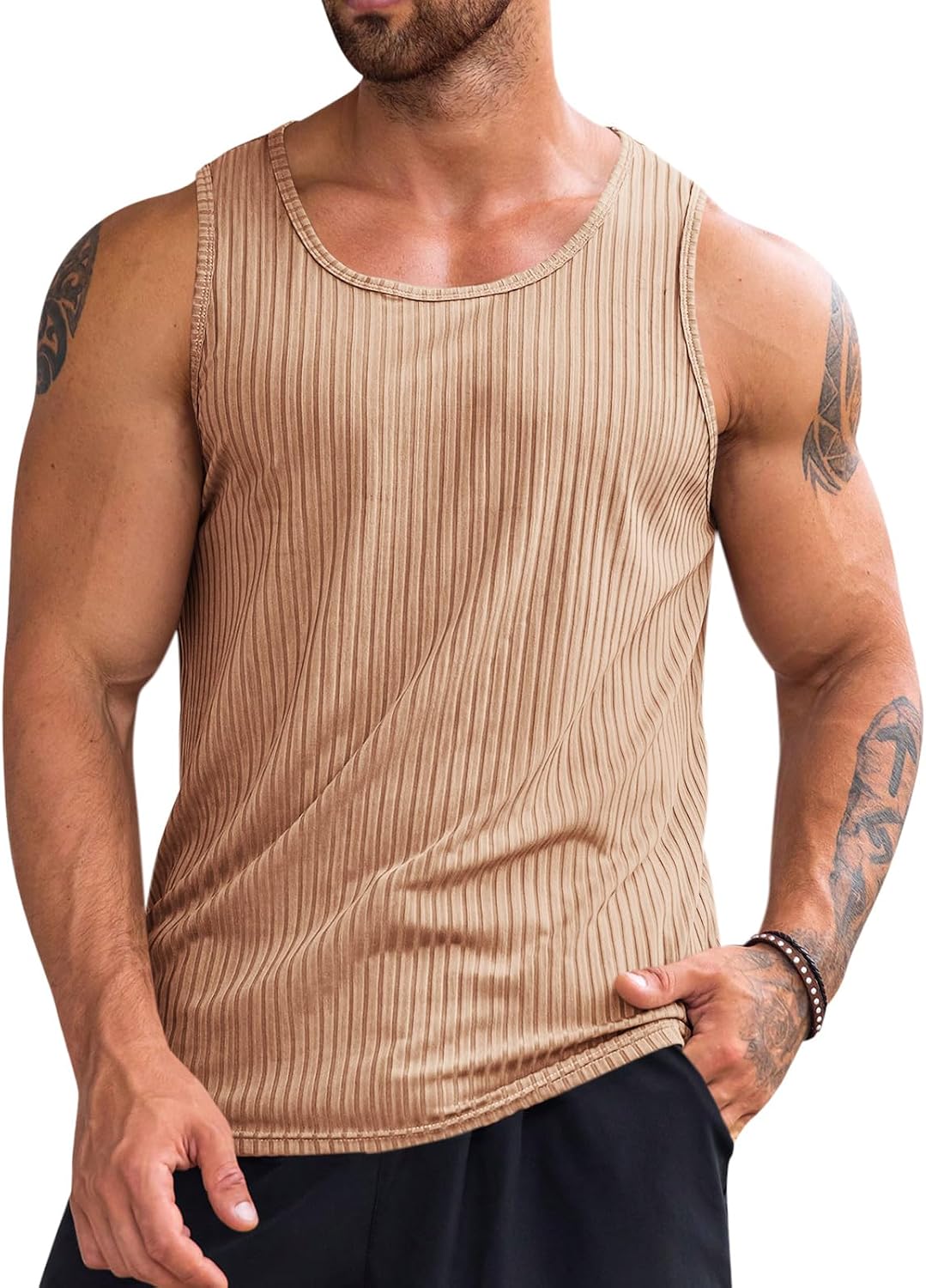 Runcati Men's Ribbed Tank Tops Knit Sleeveless Workout T Shirt