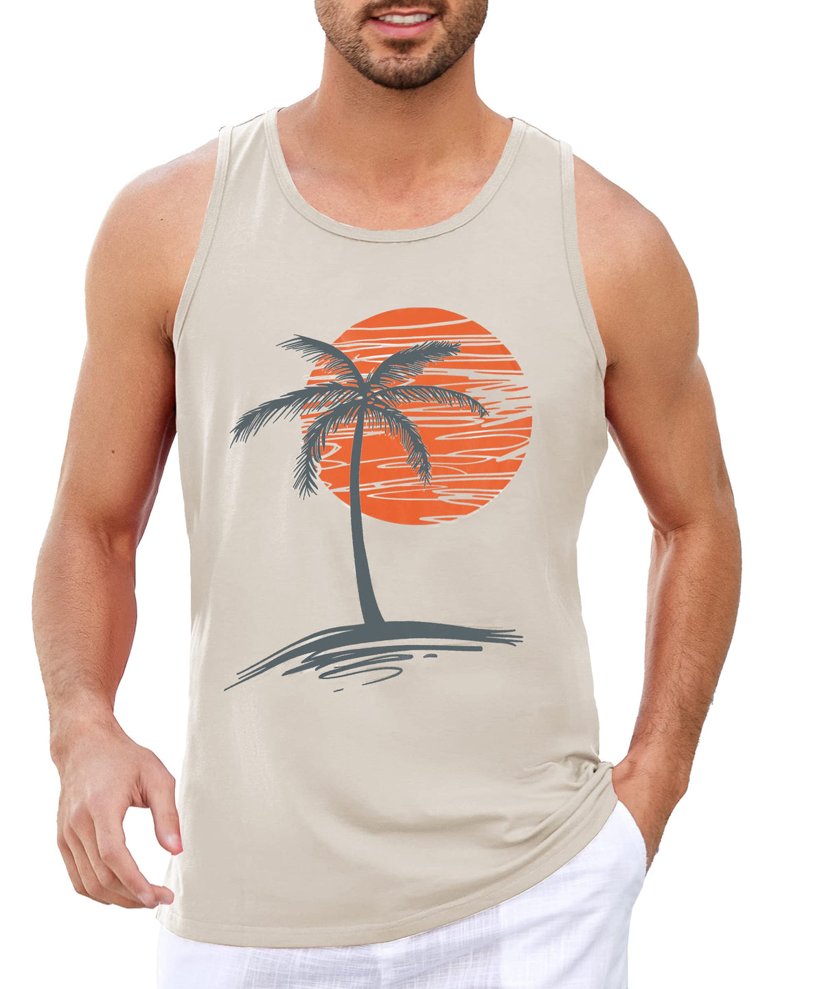 Mens Sleeveless Tank Tops Graphic Gym Shirts Palm Tree T-Shirt