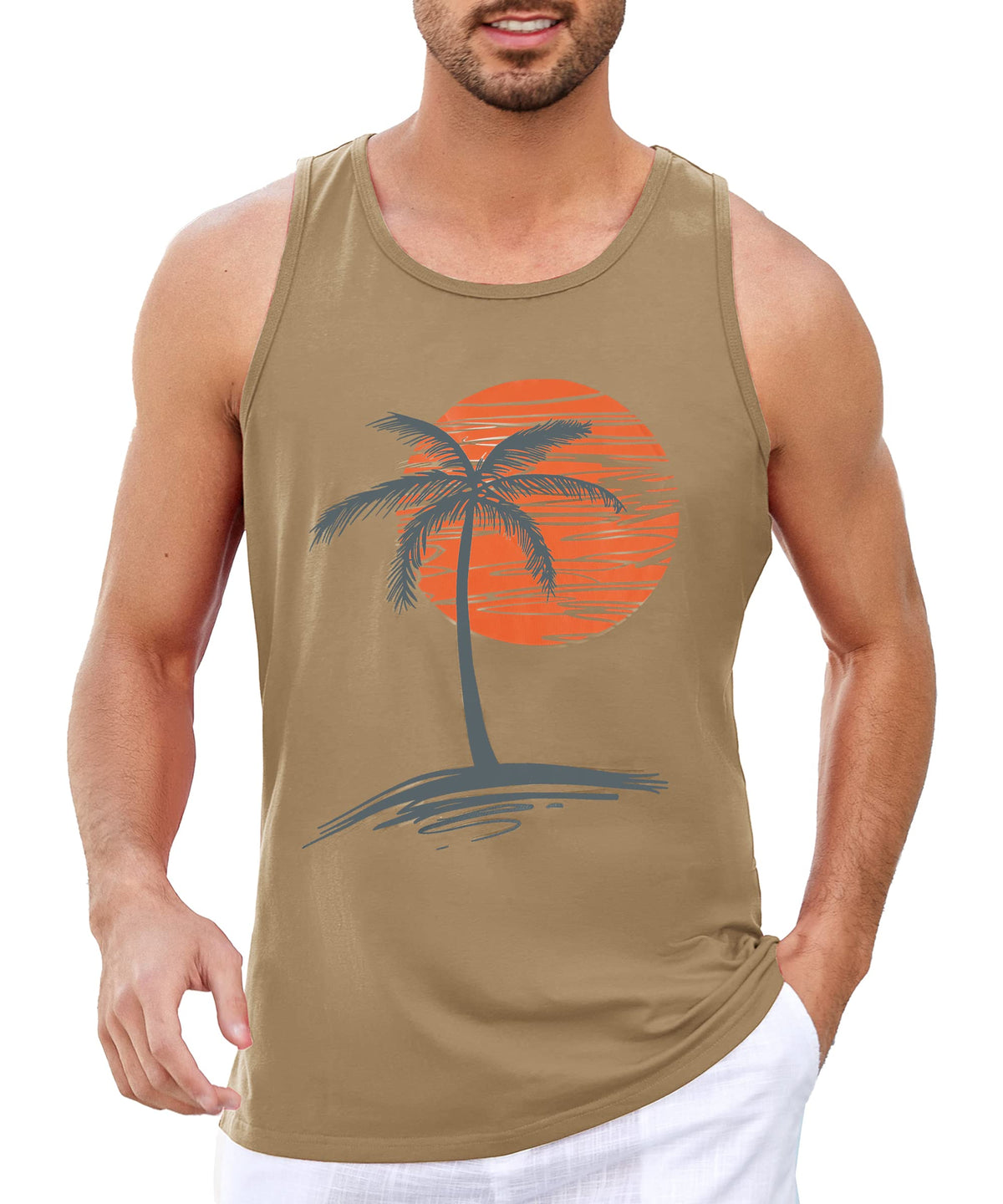 Mens Sleeveless Tank Tops Graphic Gym Shirts Palm Tree T-Shirt