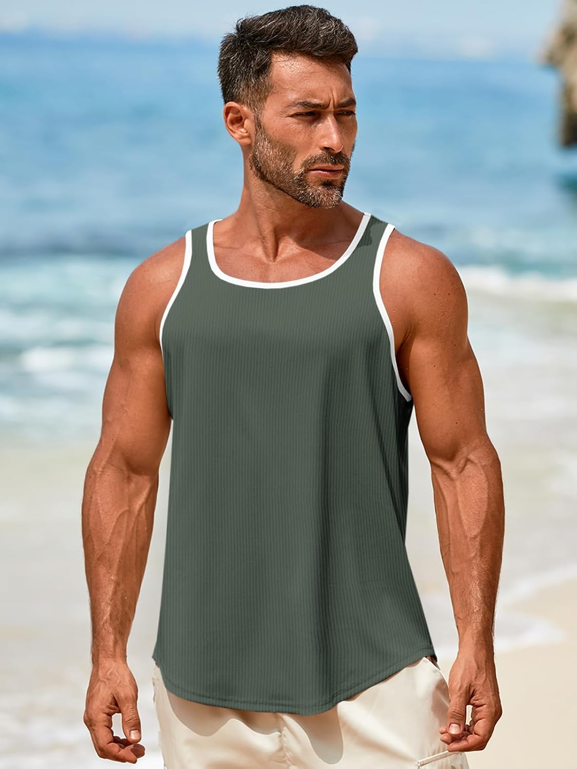 Runcati Mens Sleeveless Tank Tops Workout Muscle Gym Knitted Ribbed Shirt