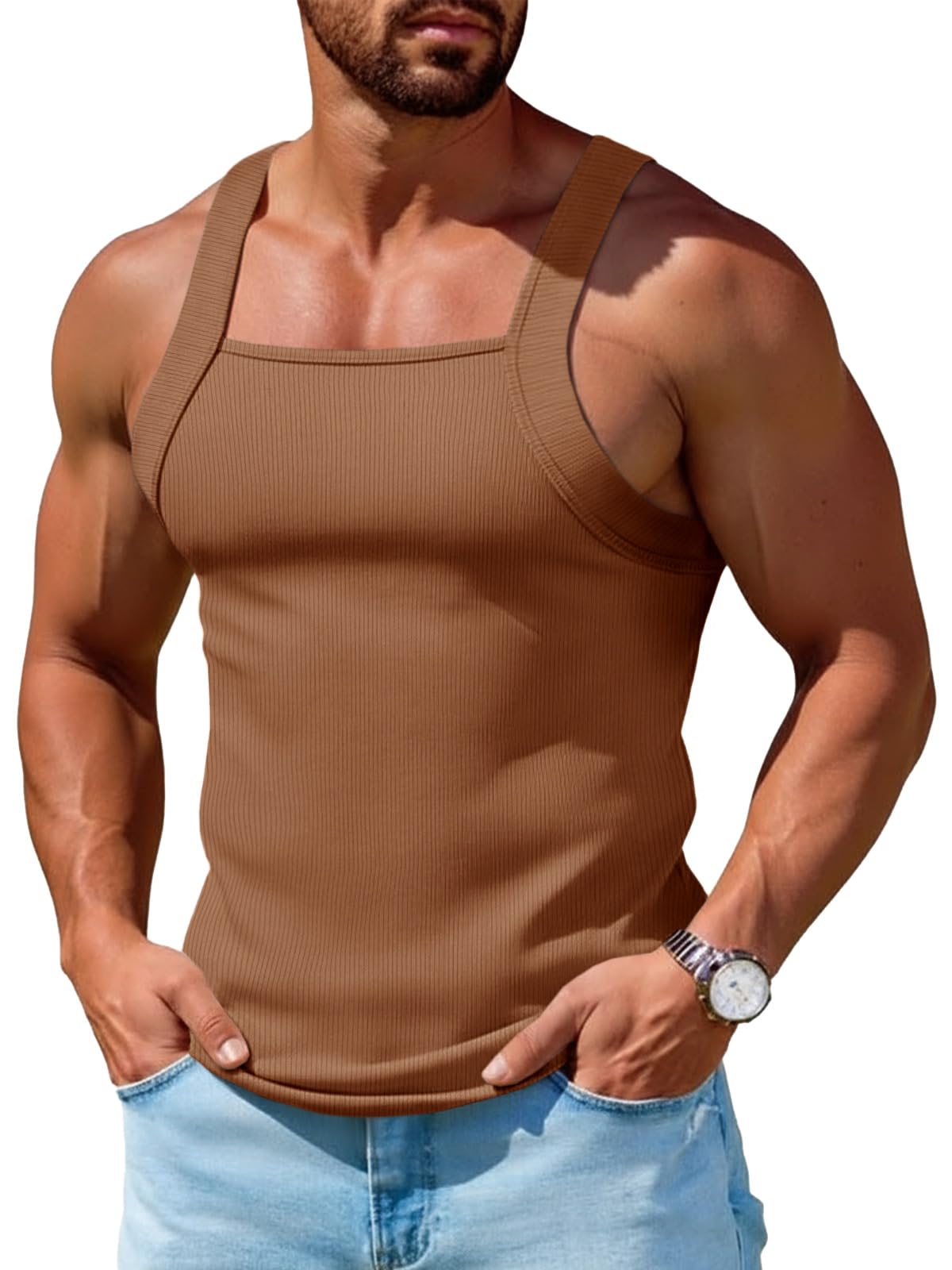 Runcati Mens Ribbed Knit Tank Tops Sleeveless Shirts Summer Gym Muscle Tees