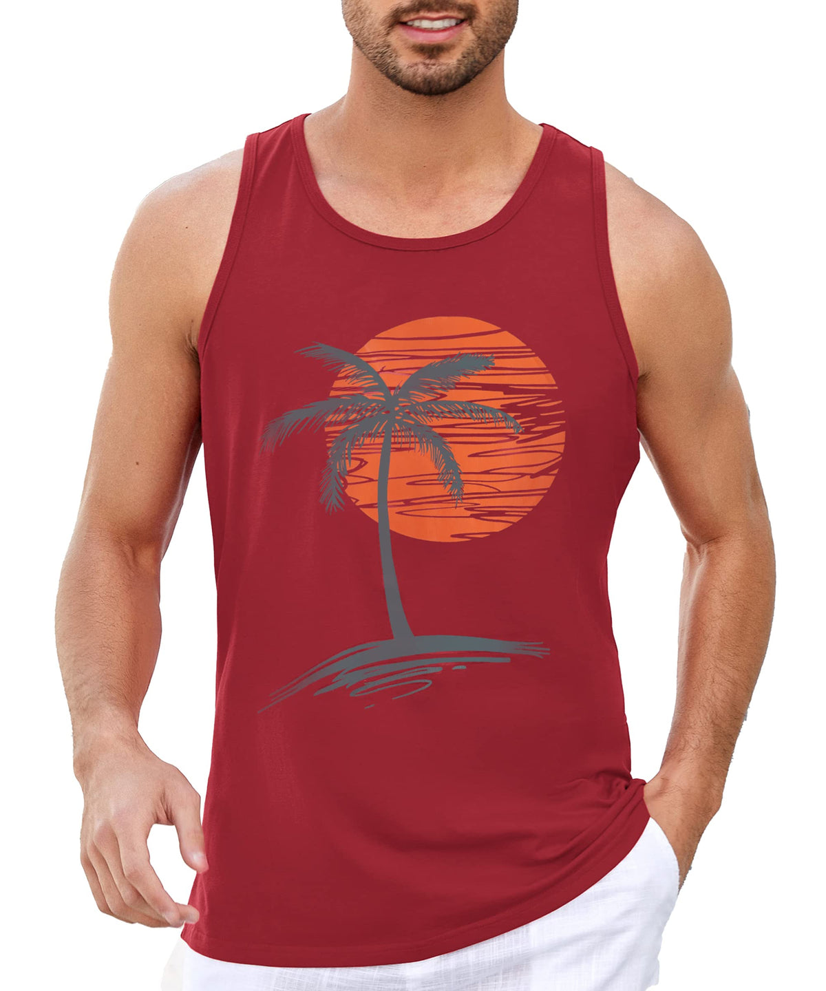Mens Sleeveless Tank Tops Graphic Gym Shirts Palm Tree T-Shirt