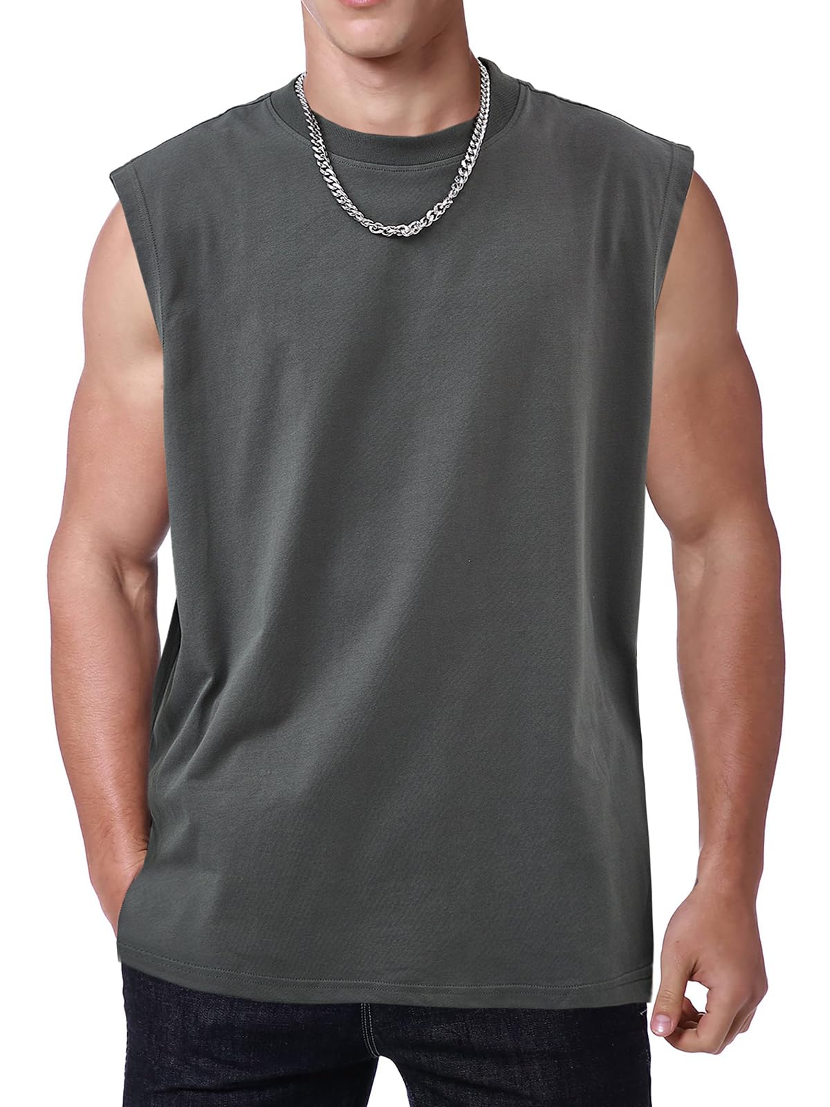 Mens Workout Tank Tops Sleeveless Tee Shirts Men Muscle Shirt Gym Acid Wash T Shirts Running Beach Loose Fit Tee