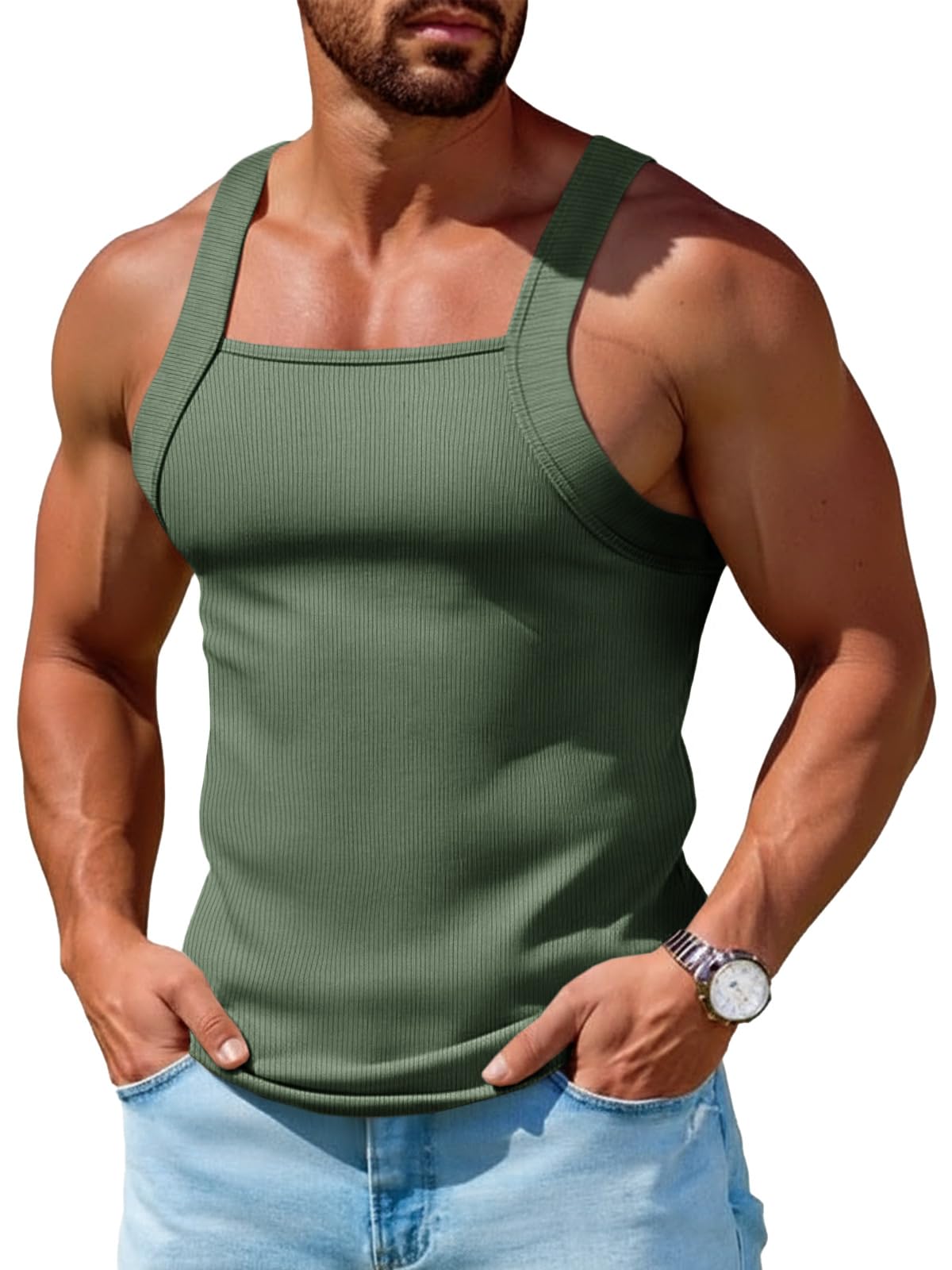 Runcati Mens Ribbed Knit Tank Tops Sleeveless Shirts Summer Gym Muscle Tees