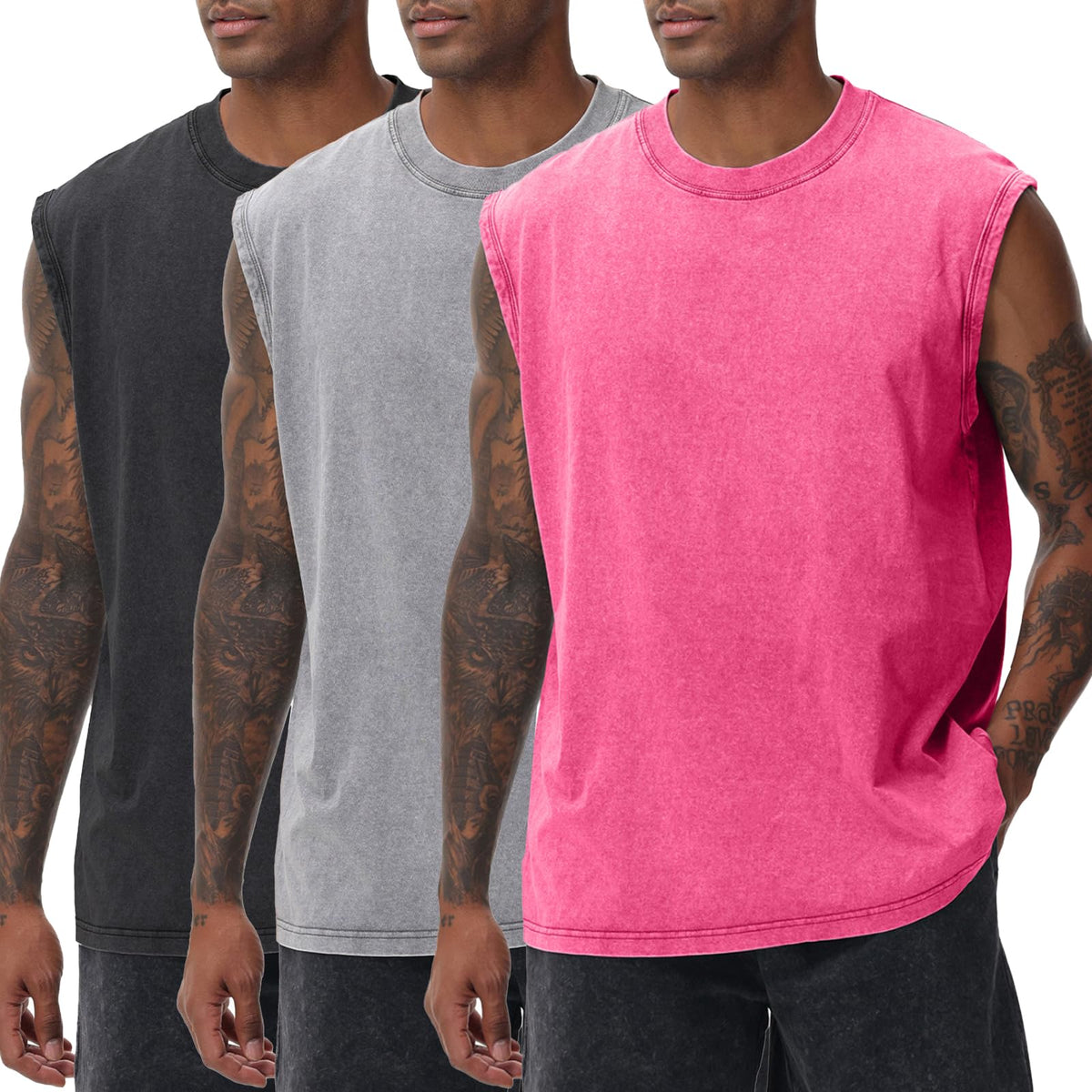 Mens Workout Tank Tops Sleeveless Tee Shirts Men Muscle Shirt Gym Acid Wash T Shirts Running Beach Loose Fit Tee