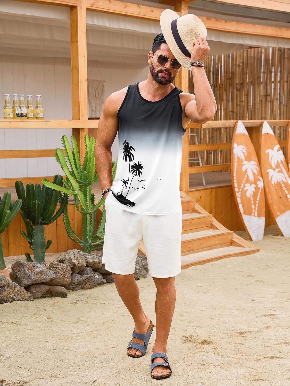 Runcati Mens Graphic Tank Tops Sleeveless Palm Tree Shirts Beach Top