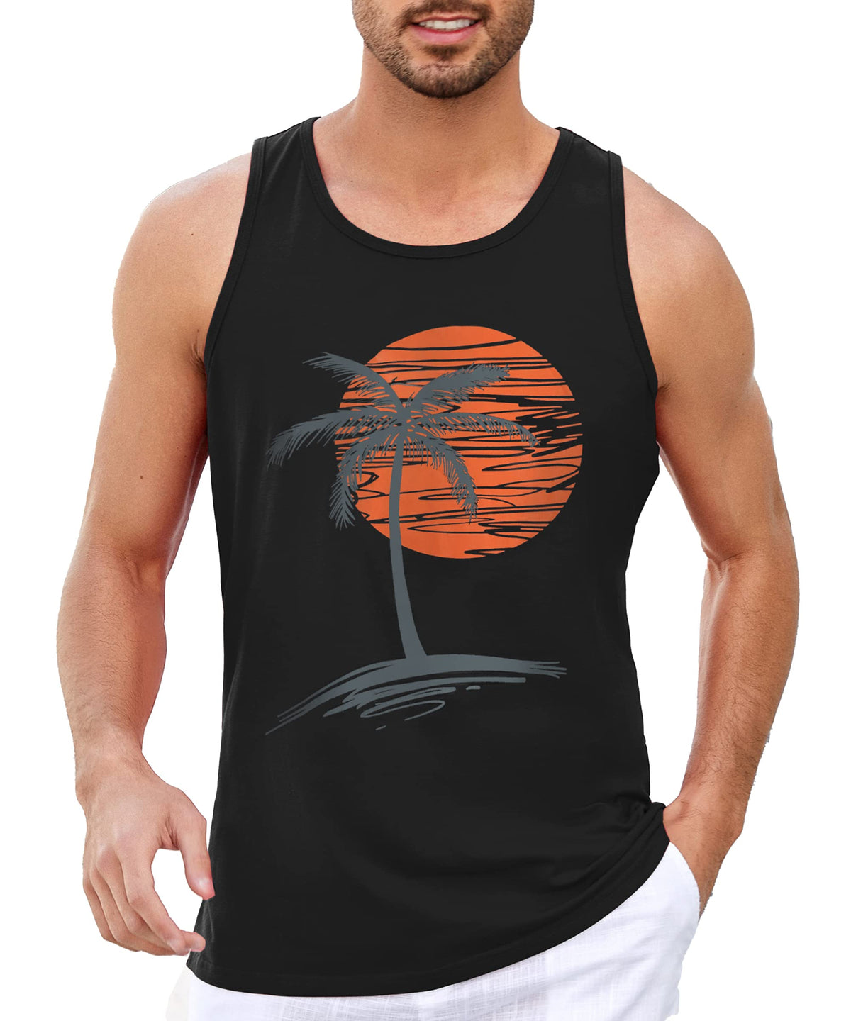 Mens Sleeveless Tank Tops Graphic Gym Shirts Palm Tree T-Shirt
