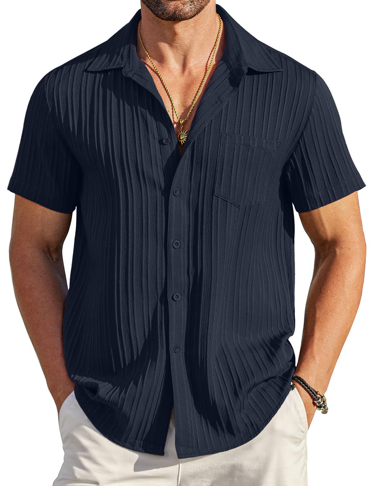 COOFANDY Men's Casual Button Down Shirts Short Sleeve Textured Summer Beach Shirt with Pocket