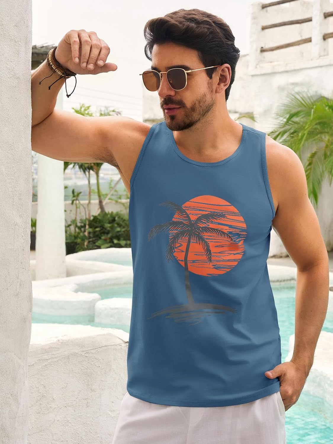 Mens Sleeveless Tank Tops Graphic Gym Shirts Palm Tree T-Shirt